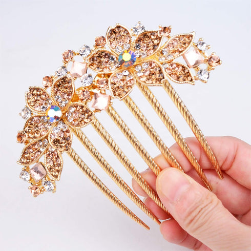 Women Rhinestone Inlaid Flower Hair Comb, Hairpin Barrette Accessory, Perfect Mother's Day Gift (Champagne).