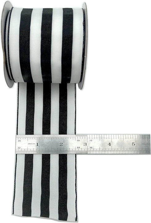 2.5 Inch Wide Wired Gift Wrapping Ribbon, 10 Yards, Black White Stripe for Crafts, Christmas Tree Decor