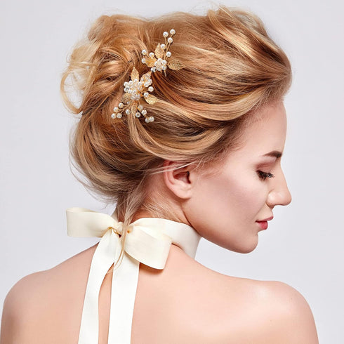 Waydress 6 Pcs Floral Hair Accessories, Gold Leaf Bridal Hair Pins, Wedding Hair Clips for Women