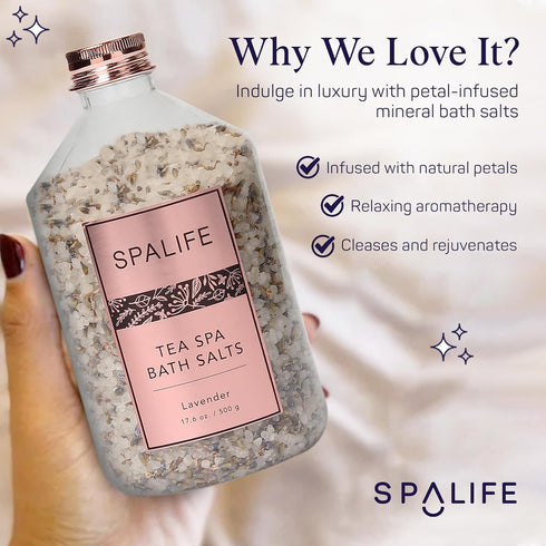 SpaLife Tea Spa Petal-Infused Mineral Bath Salts, Lavender & Rose, 2-Pack 17.6 oz. for Relaxing Soaks