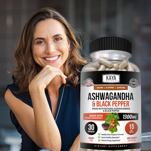 Kaya Naturals Organic Ashwagandha Root with Black Pepper - Maximum Strength 1300 mg Adaptogen Supplement