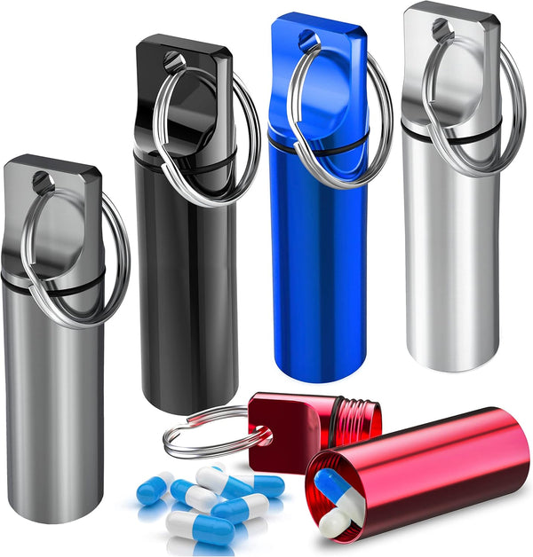 Keychain Pill Holder (5 Pack), Aluminum Waterproof Portable Small Travel Medicine Bottle Case for Purse, Mini Organizer