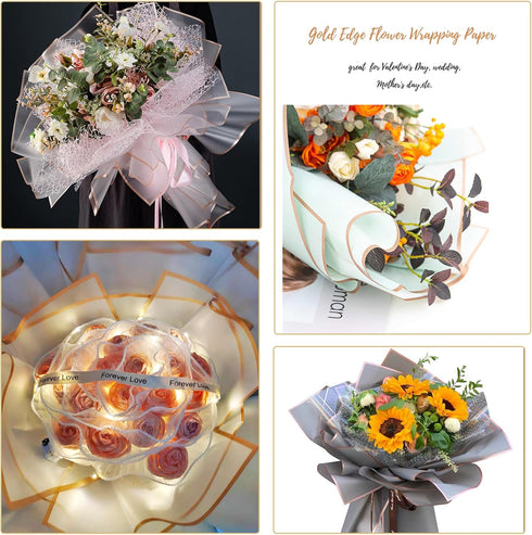 Gold Edge Flower Wrapping Paper, 20 Sheets White Waterproof Florist Bouquet Wrap 22.8*22.8 Inches for DIY Craft