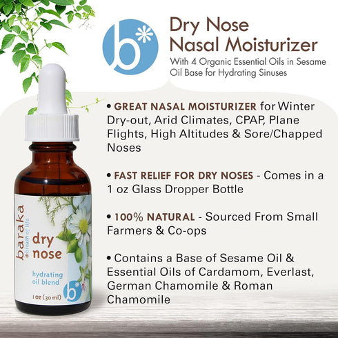 Baraka Dry Nose Nasal Moisturizer - Organic Essential Oils in Sesame Oil Base, 1 oz Dropper