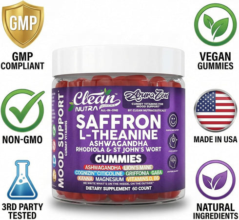 Gummies Gummy AuraZen Mood Support Saffron L-Theanine Ashwagandha Rhodiola St John's Wort Lions Mane GABA Vitamin D