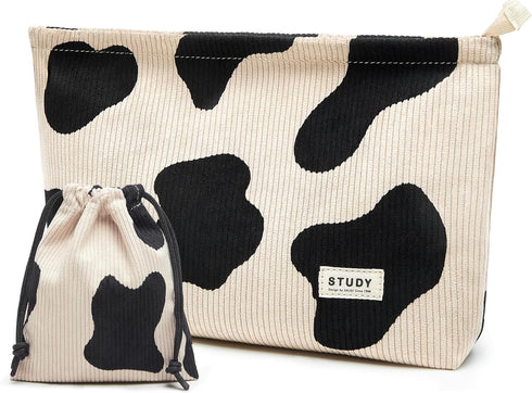 WLLWOO 2pcs Cow Corduroy Makeup Bag, Waterproof Zipper Cosmetic Bag, Small Travel Toiletry Pouch for Women
