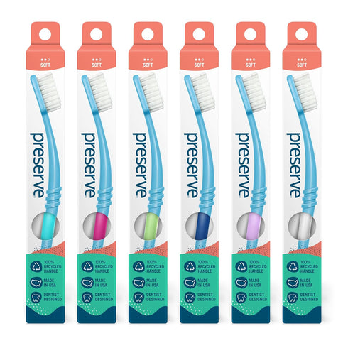 Preserve Eco Friendly Adult Toothbrushes - Made in The USA from Recycled Plastic, Soft Bristles, 6 Count