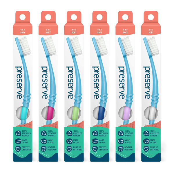 Preserve Eco Friendly Adult Toothbrushes - Made in The USA from Recycled Plastic, Soft Bristles, 6 Count