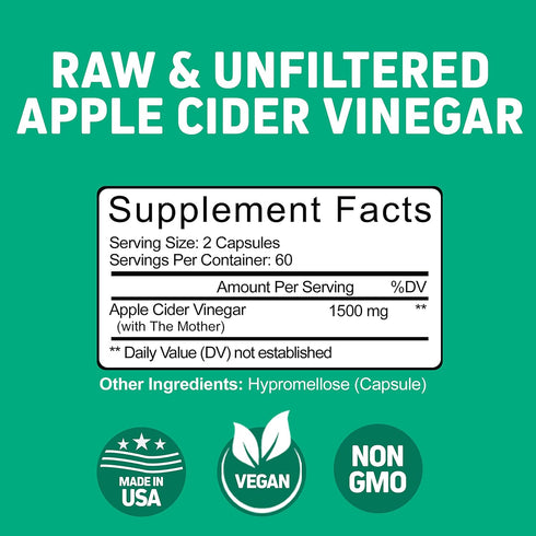 Herbtonics Raw Apple Cider Vinegar Capsules 1500mg with Mother | Detox, Digestion & Weight Management Formula with
