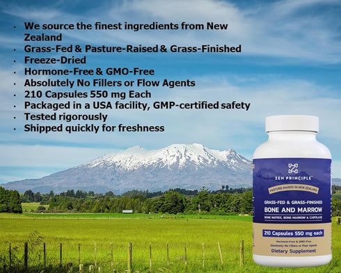 Zen Principle Grass Fed Beef Bone Marrow Supplement - 3300mg, 210 Capsules for Skin, Oral Health, and Joint Support
