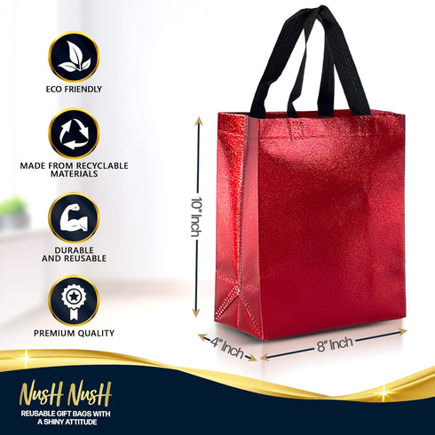 Nush Nush Red Gift Bags, Medium Size Set of 12, Shiny Reusable Gift Bags with Handles, Birthday Party Favors