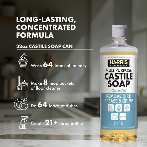 HARRIS 32 Oz Multi-Purpose Pure Liquid Castile Soap for Home Cleaning, Multi-Purpose Cleaner, For Dish Soap, Laundry