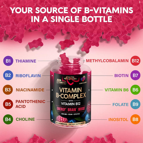 Gummies B12, B1, B2, B3, B5, B6, B7 B9 60 Gummies 2 Vitamin B-Complex for Women & Men - Vitamin & - B Complex