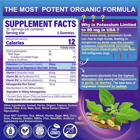 Potassium Magnesium Gummies - Potassium Supplement w/Ashwagandha 200mg, High Absorption Magnesium Glycinate, B6, B12,