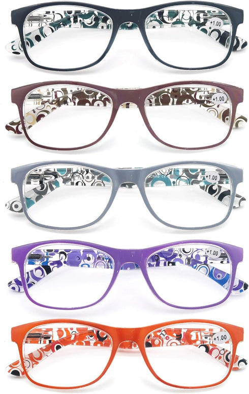 Reading Glasses Women +1.25 - Floral Print Square Readers, 5 Pack with Spring Hinge, Lightweight Comfortable Fit