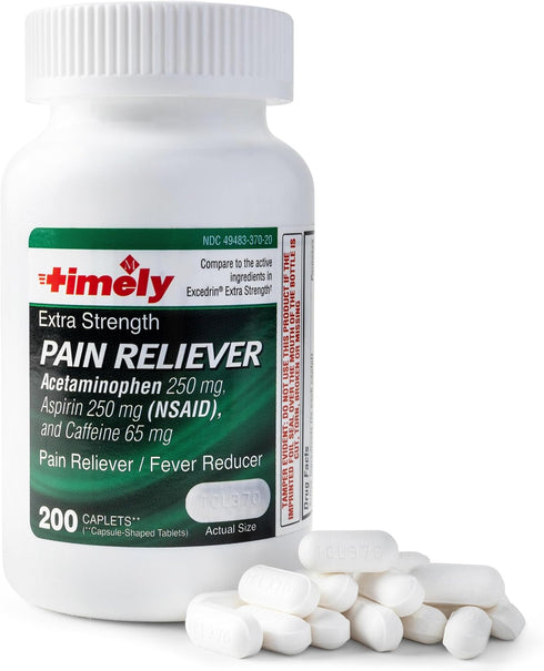 Timely Extra Strength Headache Relief - Acetaminophen with Aspirin & Caffeine (200 Caplets) for Pain & Muscle Aches