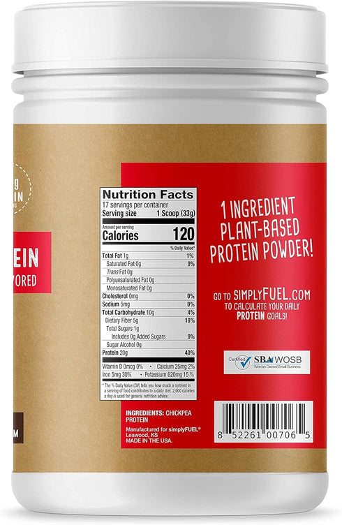 Plant Based Protein Powder, Chickpea Protein, 20g Unflavored, High Fiber, 1.25 pounds