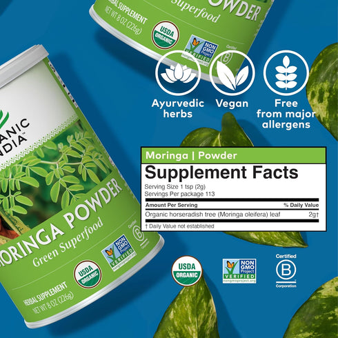 ORGANIC INDIA Moringa Powder - Moringa Oleifera Leaf Herbal Supplement, 8 oz, USDA Certified Organic