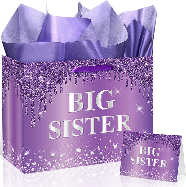Purple Big Sister Gift Bag for Girls, Glitters Drip Older Sister Gift