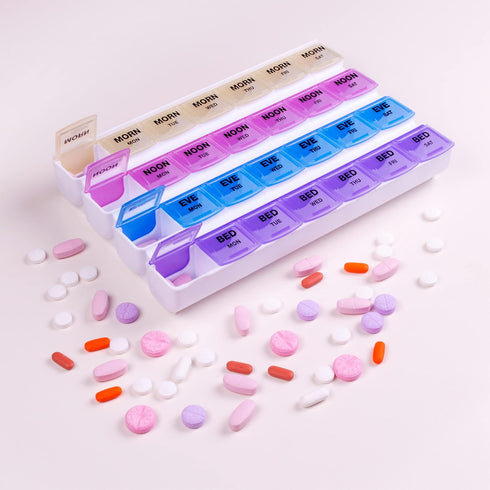 Apex 7-Day Mediplanner Pill Organizer, Weekly, 4 Times A Day, Color-Coded, Easy-Open, See-Through Lids