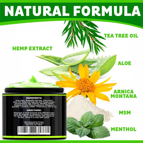 Natural Hemp Cream for Joints, Back, Neck, Elbows, with Hemp + Turmeric + Arnica, 4 fl oz, Made in The USA