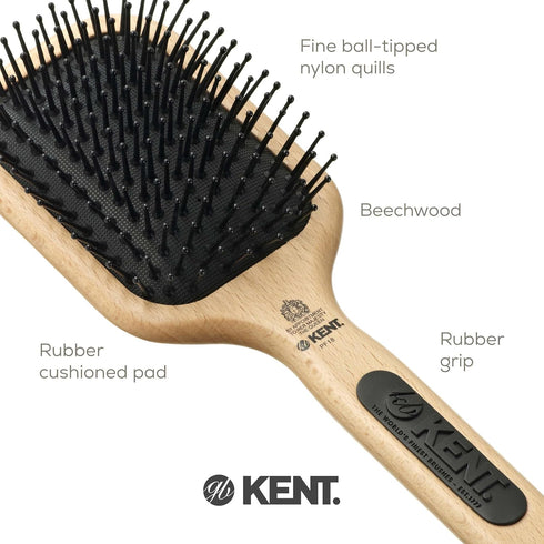 Kent PF18 Medium Cushion Paddle Brush - Detangling for Fine, Long, Thick, Curly Hair, Scalp Massager, Made in England