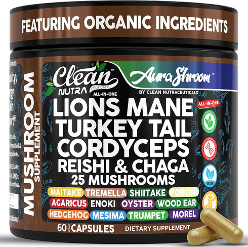 AuraShroom Mushroom Supplement Lions Mane Turkey Tail Cordyceps Reishi Shiitake Chaga Oyster