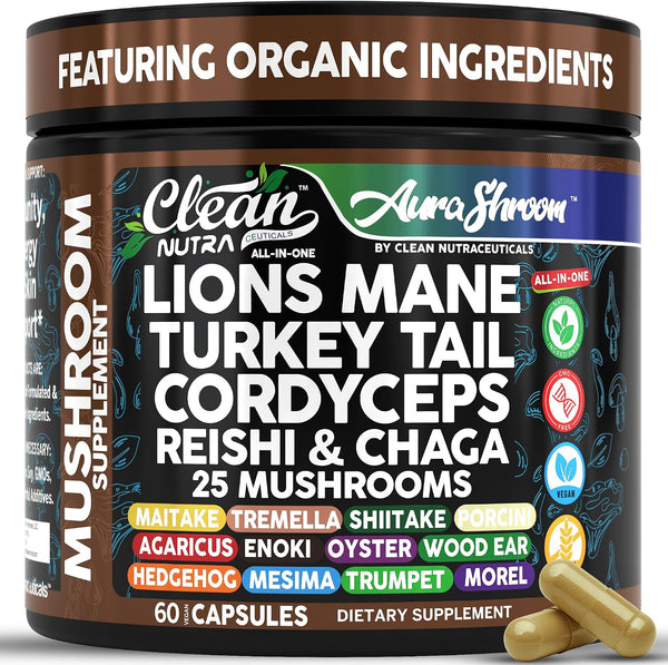 AuraShroom Mushroom Supplement Lions Mane Turkey Tail Cordyceps Reishi Shiitake Chaga Oyster
