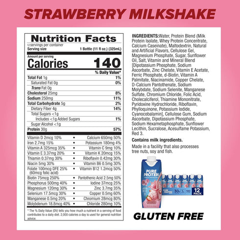 Strawberry Protein Shake, 30g Complete Protein, Ready to Drink Keto-Friendly, Vitamins A, C, D, E plus Zinc, 11oz