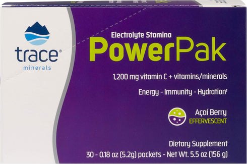 Trace Minerals Power Pak Electrolyte Powder Packets, 30 Packets, Acai Berry, 1200 mg Vitamin C, Zinc, Magnesium
