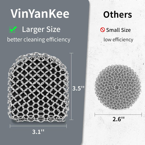 Cast Iron Scrubber with Pan Scraper, Upgraded Chainmail Sponge, Cast Iron Cleaner for Grill Pan, Black