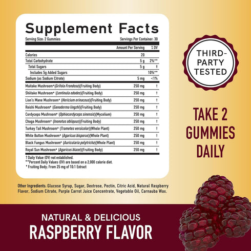 Mushroom Gummies 60ct, 10-in-1 Blend with Lions Mane, Turkey Tail, Reishi, Chaga, Cordyceps, Maitake & More