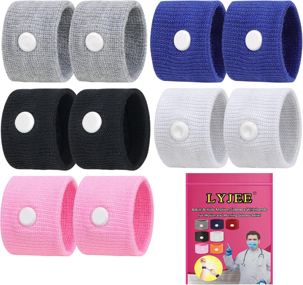 LYJEE 5 Pairs Motion Sickness Bands, Nausea Relief Wristbands for Travel, Car, Sea, and Flying