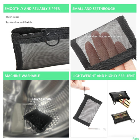 Patu Mini Zipper Mesh Bags, 3" x 4", Size XS / A8, 5 Pieces Clear Travel Kit Small Item Cosmetic Organizer