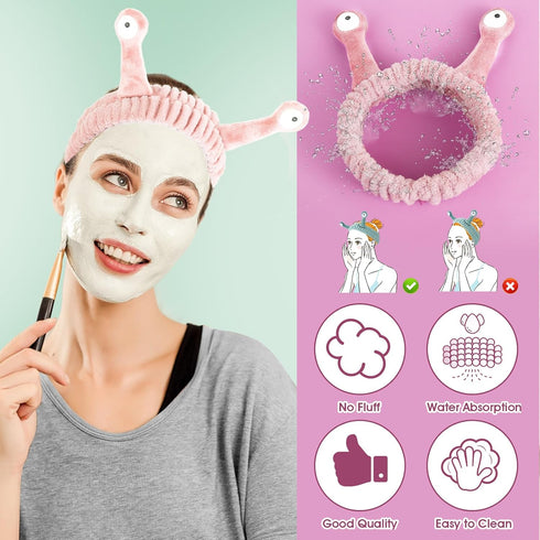 Spa Headband Facial Makeup Head Band, Microfiber Coral Fleece Snail Cartoon Hair Accessories for Washing Face (Pink)