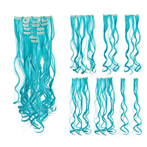SWACC 7 Pcs Full Head Party Highlights Clip-On Hair Extensions, 20-Inch Curly, Teal Blue