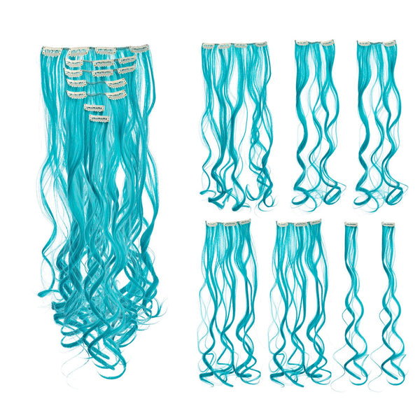 SWACC 7 Pcs Full Head Party Highlights Clip-On Hair Extensions, 20-Inch Curly, Teal Blue