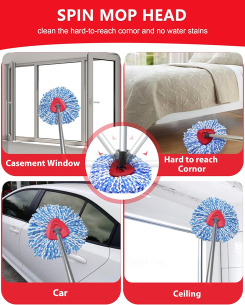 Spin Mop Replacement Head Compatible with O-Cedar RinseClean 2 Tank, 2 Microfiber Refills + Mop Stick (30-58")