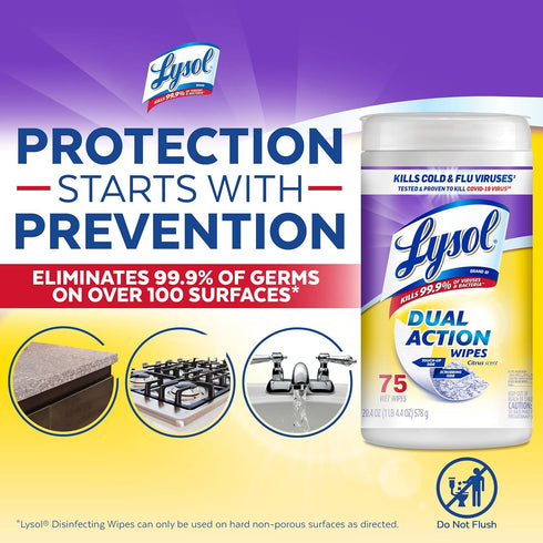 Lysol Dual Action Disinfectant Wipes - Multi-Surface Antibacterial Scrubbing Wipes, Citrus Scent, 75ct (Pack of 4)