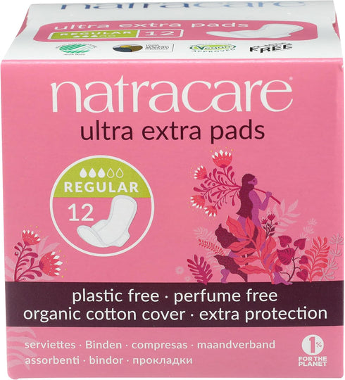 Natracare Ultra Extra Pads with Wings, Regular, Individually Wrapped, 12 Pads Total, Made with Organic Cotton