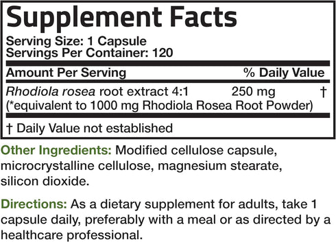 Bronson Rhodiola Rosea Vegetarian Capsules, Adaptogenic Herb for Brain, Stress & Mood Support