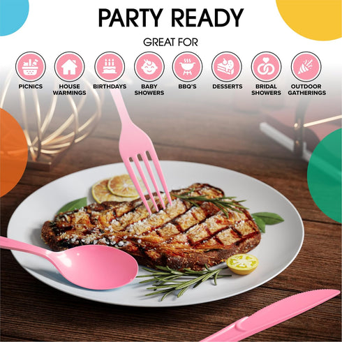 Party Solids 160 Set Sets, 80 40 40 Pink Plastic Silverware Heavy Duty Pcs Pink Plastic Cutlery Disposable Utensil