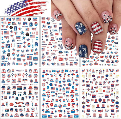 6 Sheets Independence Day Nail Art Stickers, 4th of July Nail Decals, 3D Self-Adhesive Art Supplies for Women