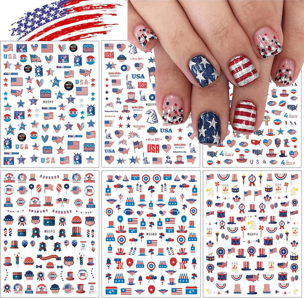 6 Sheets Independence Day Nail Art Stickers, 4th of July Nail Decals, 3D Self-Adhesive Art Supplies for Women