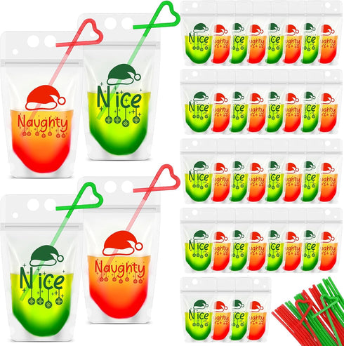 Zhanmai 50 Set Christmas Drink Pouches With Straws - Reclosable Plastic Bags for