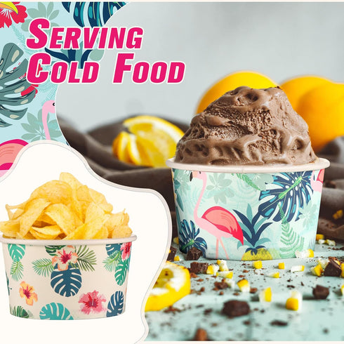 Hawaiian Summer Party Supplies Disposable Ice Cream Bowls, 8 oz Paper Snack Cups for Sundae Soup Candy (Classic