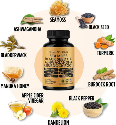 120 Capsules Sea Moss 3000mg, Black Seed Oil 2000mg, Ashwagandha 1000mg, Turmeric 1000mg, Vegan