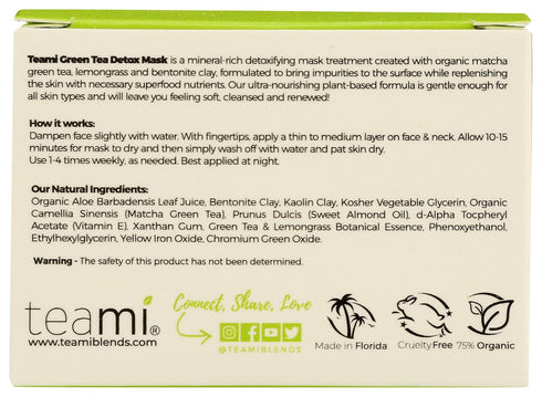 Teami Detox Face Mask for Hydraiting, Moisturizing & Purifying, Blackhead Remover Green Tea Deep Cleanse Mask reduces Acne & oil, Pore Minimizer Clay Mask for All Skin Types 3.5 OZ