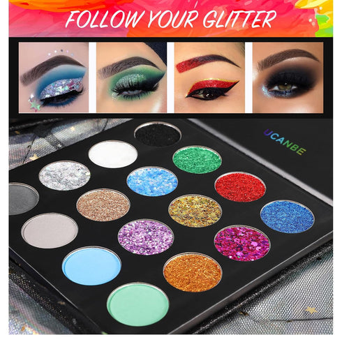 UCANBE Glitter Eyeshadow Makeup Palette - 12 Chunky & Fine Pressed Glitter + 4 Eye Shadow Powder for Theater Party