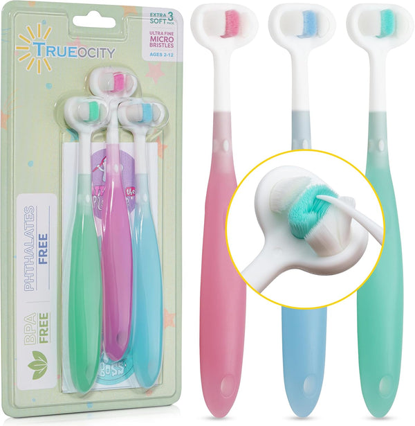 Extra Soft Toddler Toothbrush with 10,000 Bristles, High Efficient 3 Sides Baby Toothbrush, 3 Pack